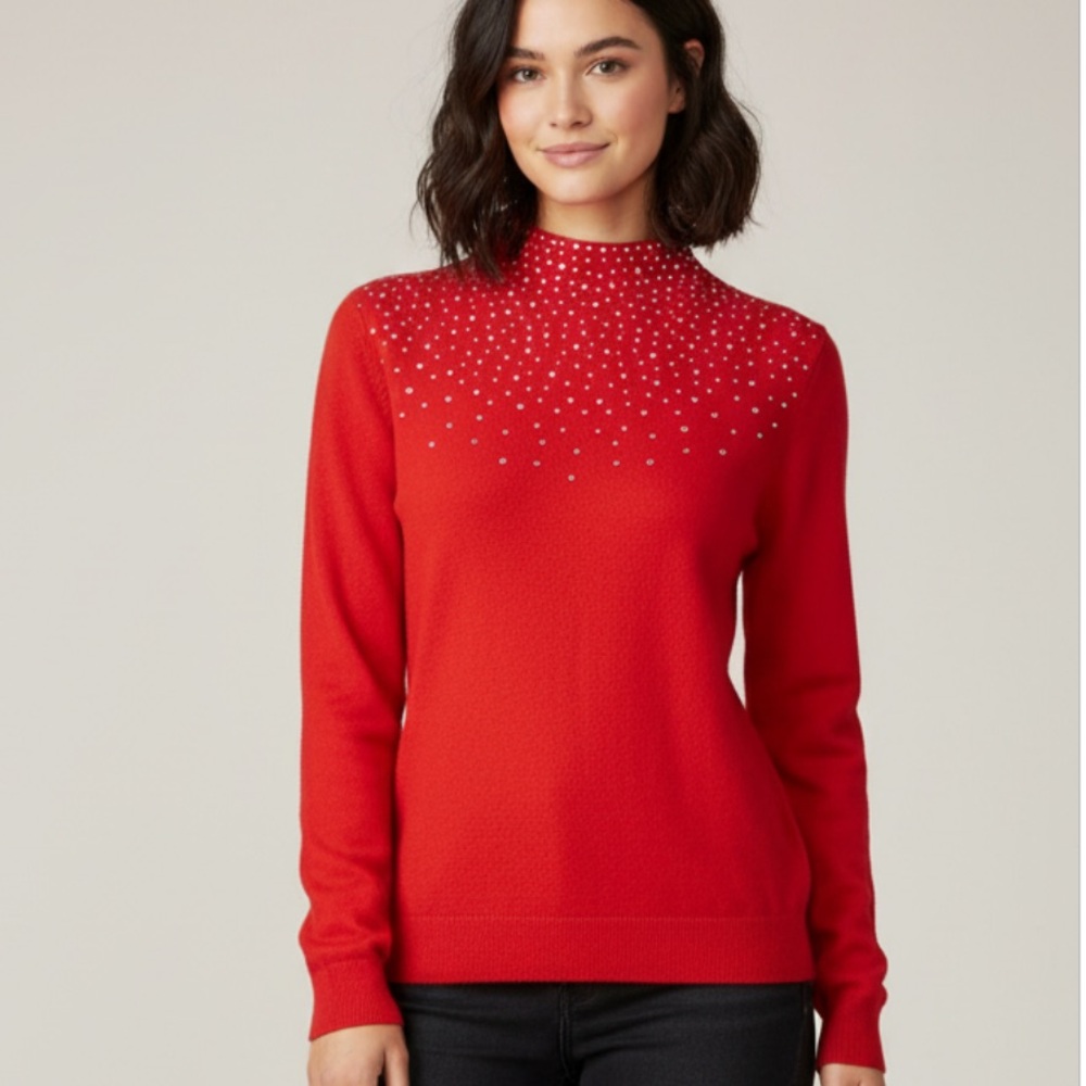 Liquid by Sioni Red Rhinestone Sweater Medium Petite